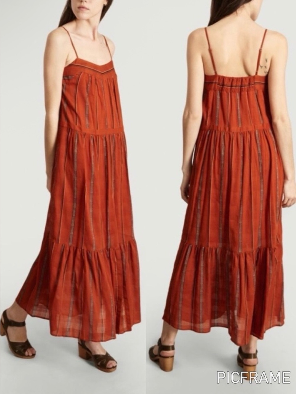 Ba&sh Kyo Tiered Maxi Dress Cotton Caramel Stripe XS